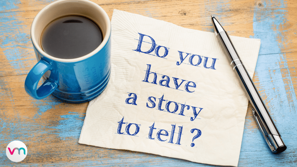 storytelling, coffee cup and pen